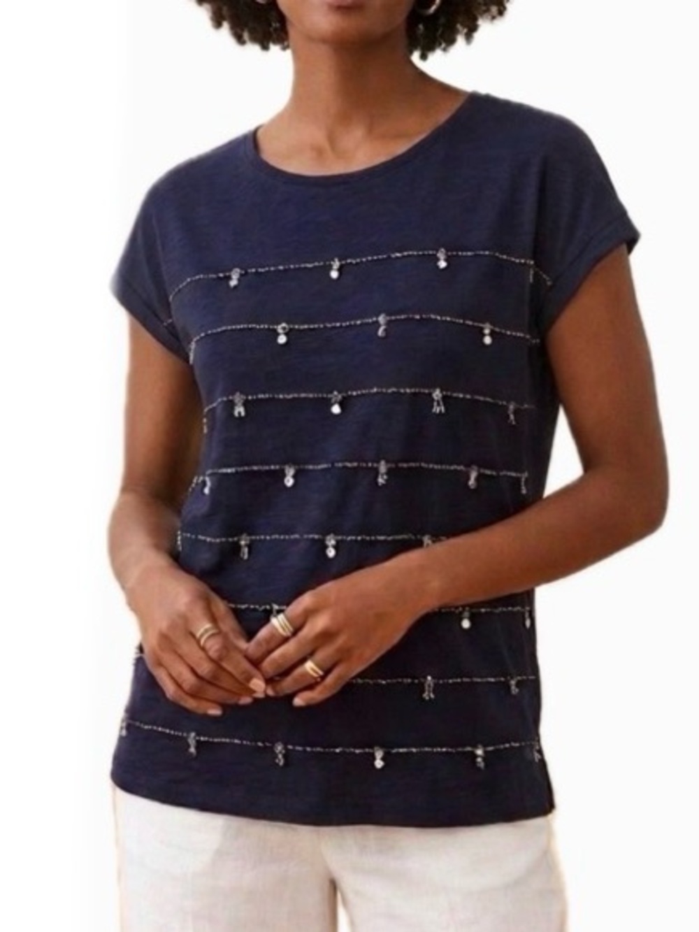 Talbots Navy Blue Silver Beaded Bumble Bee Short Sleeve T-Shirt, Small Petite